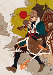 Rule 34 | 1boy, architecture, bow (weapon), cloud, east asian architecture, fire emblem, fire emblem fates, gloves, highres, holding, holding bow (weapon), holding weapon, japanese clothes, kazuha (kazuha1003), looking at viewer, male focus, nintendo, ponytail, red eyes, sitting, smile, sun, weapon, white hair