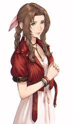 Rule 34 | 1girl, absurdres, aerith gainsborough, bangle, bracelet, braid, braided ponytail, breasts, brown hair, choker, cleavage, cropped jacket, dress, final fantasy, final fantasy vii, final fantasy vii remake, flower choker, green eyes, hair ribbon, highres, jacket, jewelry, long dress, long hair, looking at viewer, makimura shunsuke, medium breasts, own hands clasped, own hands together, parted bangs, pink dress, pink ribbon, red jacket, ribbon, short sleeves, sidelocks, smile, solo, square enix, sundress, upper body, white background