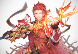 Rule 34 | 10s, 1boy, armor, fire, gradient background, granblue fantasy, grin, holding, holding weapon, looking at viewer, male focus, nanahara fuyuki, percival (granblue fantasy), red eyes, red hair, simple background, smile, solo, sword, upper body, weapon