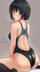 Rule 34 | 1girl, amagami, ass, black eyes, black hair, black one-piece swimsuit, black socks, bob cut, breath, competition swimsuit, from behind, grey background, highres, looking at viewer, looking back, nanasaki ai, one-piece swimsuit, short hair, sitting, socks, solo, steam, swimsuit, two-tone swimsuit, wariza, yoo tenchi