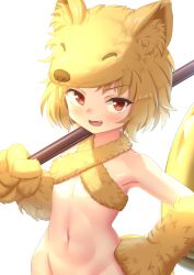 Rule 34 | 1girl, :3, absurdres, ajimaxxxxxx, animal hands, bell, blonde hair, blush, bottomless, breasts, commentary request, cowboy shot, fang, fox girl, fox hat, fox tail, halterneck, highres, holding, holding staff, looking at viewer, moonlight flower, navel, open mouth, ragnarok online, ragnarok origin, red eyes, short hair, simple background, small breasts, smile, solo, staff, tail, white background