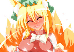 Rule 34 | 1girl, alternate costume, animal ears, blonde hair, blush, bow, breasts, chen, chen (cosplay), cosplay, female focus, fox ears, fox tail, full-face blush, hat, head tilt, large breasts, merry (diameri), multiple tails, paw pose, petals, shirt, short hair, smile, solo, tail, touhou, underboob, undersized clothes, yakumo ran