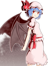 Rule 34 | 1girl, arms behind back, bat wings, blue hair, bow, curly hair, dress, female focus, fingers together, frills, hair ornament, hat, highres, large bow, looking at viewer, looking to the side, pink dress, red bow, red eyes, remilia scarlet, rozugadena, sash, short hair, slit pupils, smile, standing, touhou, vampire, wings