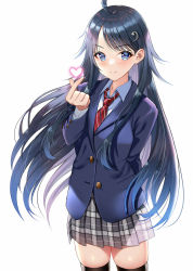Rule 34 | 1girl, ahoge, arm behind back, black hair, black thighhighs, blazer, blue eyes, blue jacket, blush, closed mouth, collared shirt, commentary request, cover, cover page, diagonal-striped clothes, diagonal-striped necktie, diagonal-striped neckwear, grey skirt, hair ornament, hand up, jacket, long hair, long sleeves, minatoasu, necktie, novel cover, original, plaid, plaid skirt, pleated skirt, red necktie, school uniform, shirt, simple background, skindentation, skirt, smile, solo, striped clothes, striped necktie, striped neckwear, thighhighs, v-shaped eyebrows, very long hair, white background, white shirt