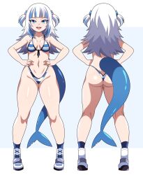 Rule 34 | 1girl, :d, absurdres, abysswatchers, alternate breast size, ass, bikini, blue background, blue eyes, blue hair, blue socks, blunt bangs, breasts, cleavage, female focus, fins, fish tail, front-tie bikini top, front-tie top, full body, gawr gura, grey hair, hair ornament, hands on own hips, highleg, highleg bikini, highres, hololive, hololive english, kneepits, legs apart, long hair, looking at viewer, medium breasts, multicolored hair, multiple views, navel, open mouth, partially visible vulva, shark girl, shark hair ornament, shark tail, sharp teeth, shoes, smile, sneakers, socks, solo, standing, stomach, streaked hair, striped bikini, striped clothes, swimsuit, tail, teeth, thick thighs, thighs, thong bikini, turnaround, two-tone background, two side up, virtual youtuber, white background, white footwear, white hair