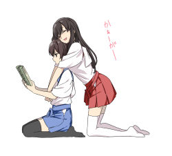 Rule 34 | 2girls, :d, ^ ^, akagi (kancolle), bad id, bad pixiv id, black legwear, blue skirt, blush, book, brown eyes, brown hair, closed eyes, from side, hip vent, holding, holding book, hug, hug from behind, japanese clothes, kaga (kancolle), kantai collection, kimono, kneeling, marimuu, multiple girls, no shoes, open book, open mouth, profile, reading, red skirt, seiza, short hair, short sleeves, side ponytail, simple background, sitting, skirt, smile, thighhighs, translated, white background, white kimono, wide sleeves, yuri, zettai ryouiki