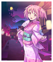 Rule 34 | 10s, 1girl, :3, :d, alternate costume, bad id, bad pixiv id, e20, hand fan, holding, japanese clothes, kaname madoka, kimono, kyubey, looking at viewer, mahou shoujo madoka magica, mahou shoujo madoka magica (anime), open mouth, outside border, paper fan, pink eyes, pink hair, smile, solo, twintails, uchiwa