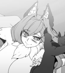 Rule 34 | 1girl, animal ears, animal hands, blush, breasts, claws, elakan, embarrassed, fur, fur collar, greyscale, hair between eyes, hair over face, highres, looking at viewer, lying, manticore (monster girl encyclopedia), monochrome, monster girl, monster girl encyclopedia, one side up, slit pupils, smile, solo