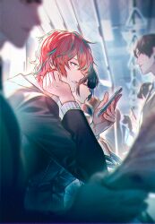 Rule 34 | 1girl, 3boys, bag on lap, black hair, black suit, blue hair, blurry, commentary request, depth of field, formal, from side, half-closed eyes, highres, holding, holding phone, hypnosis mic, kannonzaka doppo, male focus, minami kazuki (hanbee), multicolored hair, multiple boys, parted lips, phone, profile, red hair, short hair, sidelighting, sitting, solo focus, streaked hair, suit, train interior, two-tone hair, upper body
