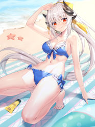 Rule 34 | 1girl, arm up, bare arms, bare legs, bare shoulders, barefoot, beach, bikini, blue bikini, blush, breasts, cleavage, closed mouth, collarbone, commentary request, day, dragon horns, fate/grand order, fate (series), frilled bikini, frills, groin, hair between eyes, hair ornament, hair ribbon, highres, horns, kiyohime (fate), kiyohime (fate/grand order), kiyohime (swimsuit lancer) (fate), kiyohime (swimsuit lancer) (third ascension) (fate), long hair, looking at viewer, medium breasts, multiple horns, nail polish, navel, outdoors, ponytail, red eyes, red nails, ribbon, ririko (zhuoyandesailaer), sand, shore, smile, squatting, starfish, swimsuit, thighs, toenail polish, toenails, water, white hair, yellow ribbon