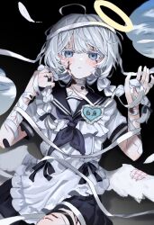 Rule 34 | 1girl, :&lt;, ahoge, apron, bandaged neck, bandages, black sailor collar, blood, blue eyes, blue neckerchief, blush, braid, colored eyelashes, commentary, gauze, halo, highres, long hair, looking at viewer, low wings, name tag, neckerchief, original, sailor collar, scar, shirt, solo, tears, twin braids, wabun, white apron, white hair, white shirt, white wings, wings