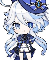 Rule 34 | 1girl, ahoge, ascot, black ascot, blue bow, blue eyes, blue hat, blue jacket, bow, chibi, drop-shaped pupils, furina (genshin impact), genshin impact, hat, hat bow, heterochromia, jacket, long hair, long sleeves, looking at viewer, low twintails, mingguchuanjiuchong, mismatched pupils, multicolored hair, shorts, simple background, solo, streaked hair, symbol-shaped pupils, top hat, twintails, very long hair, white background, white hair, white shorts