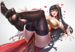 Rule 34 | 1girl, ahoge, azur lane, bare shoulders, black hair, black thighhighs, blush, breasts, bridal gauntlets, china dress, chinese clothes, cleavage, cleavage cutout, clothes between thighs, clothing cutout, commentary request, crossed bangs, cuboon, dress, feet, fishnet thighhighs, fishnets, floating hair, hair between eyes, hair ornament, heart, large breasts, legs, long hair, looking at viewer, official alternate costume, open mouth, outstretched arms, pelvic curtain, red dress, red eyes, signature, sleeveless, sleeveless dress, smile, solo, taihou (azur lane), taihou (phoenix&#039;s spring song) (azur lane), thighhighs, thighs, toes, twitter username, very long hair