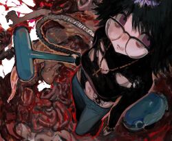 Rule 34 | 1girl, black-framed eyewear, black hair, black sweater, blood, bug, cross, cross necklace, death, denim, from above, glasses, guro, highres, hunter x hunter, intestines, inverted cross, jeans, jewelry, long sleeves, looking at viewer, necklace, nen (hunter x hunter), organs, pants, purple eyes, shizuku murasaki, short hair, solo, spider, spider tattoo, stomach tattoo, sweater, tattoo, torn clothes, torn sweater, vacuum cleaner, vapor np