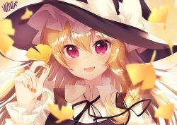 Rule 34 | 1girl, :d, absurdres, alternate eye color, artist name, autumn leaves, black hat, black ribbon, black vest, blonde hair, blush, bow, braid, commentary request, fang, ginkgo leaf, gradient background, hair between eyes, hair ribbon, hand up, hat, hat bow, highres, kirisame marisa, leaf, looking at viewer, nail polish, neck ribbon, nenobi (nenorium), open mouth, orange nails, puffy short sleeves, puffy sleeves, purple eyes, ribbon, shirt, short sleeves, signature, single braid, smile, solo, star (symbol), touhou, translated, upper body, vest, white background, white bow, white shirt, wing collar, witch hat, wrist cuffs, yellow background