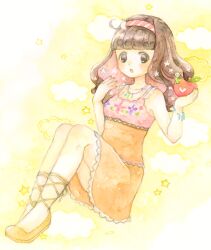 Rule 34 | 1girl, apple, bracelet, brown eyes, brown hair, cloud, dress, food, frilled dress, frilled straps, frills, fruit, hairband, highres, holding, holding food, holding fruit, jewelry, open mouth, orange footwear, painting (medium), pop&#039;n music, pot37, red apple, sanae-chan, shoes, solo, star (symbol), striped clothes, striped hairband, traditional media, watercolor (medium), worm