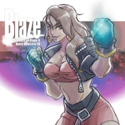 Rule 34 | 1girl, streets of rage, streets of rage 4, belt, blaze fielding, breasts, brown eyes, brown hair, city, cleavage, clenched hands, earrings, fire, gloves, grin, jacket, jewelry, leather, leather jacket, long hair, looking at viewer, navel, red skirt, sega, skirt, smile, solo, standing