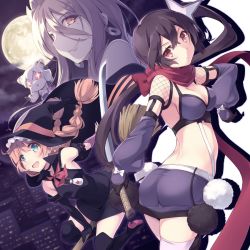 Rule 34 | 10s, 4girls, :d, black gloves, black hair, blonde hair, blue eyes, braid, breasts, calamity mary, cape, cleavage, detached sleeves, earrings, elbow gloves, fishnets, full moon, gloves, hair ornament, hat, itoichi., jewelry, long hair, magicaloid44, mahou shoujo ikusei keikaku, mahou shoujo ikusei keikaku unmarked, medium breasts, midriff, mole, mole under eye, moon, multiple girls, night, ninja, open mouth, orange hair, red scarf, ripple (mahoiku), scarf, side ponytail, small breasts, smile, sword, thighhighs, top speed, twin braids, weapon, witch hat, yellow eyes