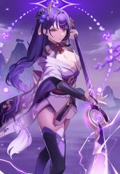Rule 34 | 1girl, absurdres, black thighhighs, braid, breasts, bridal gauntlets, cherry blossoms, cleavage, closed mouth, cloud, ddog, electricity, engulfing lightning (genshin impact), feet out of frame, flower, genshin impact, hair ornament, highres, holding, holding polearm, holding weapon, japanese clothes, kimono, large breasts, lips, long hair, looking at viewer, low-braided long hair, low-tied long hair, mitsudomoe (shape), mole, mole under eye, mountain, nail polish, obi, obiage, obijime, off shoulder, polearm, purple eyes, purple flower, purple hair, purple kimono, purple nails, purple sky, purple theme, raiden shogun, sash, shrug (clothing), sky, solo, thighhighs, tomoe (symbol), weapon