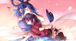 Rule 34 | 2girls, ^ ^, arm around back, beret, black skirt, blue dress, blue hair, closed eyes, covered mouth, covering own mouth, dress, eyebrows, from side, gradient background, hair ornament, hair rings, hair stick, hand on another&#039;s head, hat, hug, jiangshi, kaku seiga, kutsuki kai, miyako yoshika, multiple girls, no headwear, ofuda, one eye covered, outstretched arms, petals, puffy short sleeves, puffy sleeves, purple eyes, shawl, short hair, short sleeves, skirt, smile, star (symbol), touhou, unworn hat, unworn headwear, wide sleeves, wind