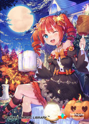Rule 34 | 1girl, bare shoulders, beer mug, black socks, blue eyes, blush, breasts, candle, collarbone, company name, copyright name, crossed legs, cup, drill hair, halloween, heart, jack-o&#039;-lantern, kneehighs, looking at viewer, medium breasts, moon, mug, night, official art, one eye closed, open mouth, orange hair, orange socks, outdoors, qurare magic library, shoonear, short hair, sitting, smile, socks, solo, striped clothes, striped socks, twin drills