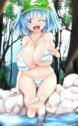 Rule 34 | 1girl, ;d, bad anatomy, bad id, bad perspective, bad pixiv id, barefoot, bikini, blue eyes, blue hair, blush, breasts, cabbie hat, cameltoe, cleavage, covered erect nipples, curvy, feet, hair bobbles, hair ornament, hat, huge breasts, hydrant (kasozama), jewelry, kawashiro nitori, key, key necklace, light rays, looking at viewer, matching hair/eyes, nature, navel, necklace, one eye closed, open mouth, outdoors, partially visible vulva, pointing, pointing at viewer, riverbank, short hair, sitting, skindentation, smile, soaking feet, solo, striped bikini, striped clothes, sunlight, swimsuit, toes, touhou, tree, two side up, water, wedgie, wide hips