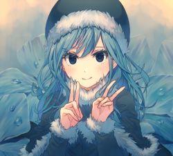 Rule 34 | 1girl, black capelet, black hat, blue eyes, blue hair, blush, capelet, closed mouth, double v, fairy tail, floating hair, fur-trimmed capelet, fur-trimmed headwear, fur-trimmed sleeves, fur trim, hat, highres, juvia lockser, long hair, long sleeves, looking at viewer, smile, solo, swept bangs, tsurupon, upper body, v