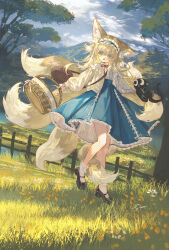 Rule 34 | 1girl, absurdres, animal ears, arknights, bag, basket, black cat, blonde hair, blue skirt, cardigan, cat, crossover, day, fox ears, fox girl, fox tail, frilled hairband, frills, grass, green eyes, hairband, highres, holding, holding basket, kitsune, lace, lace-trimmed skirt, lace trim, large ears, looking at viewer, luo xiaohei, multiple tails, neck ribbon, open mouth, outdoors, red ribbon, ribbon, shi shihou, shoulder bag, skirt, suzuran (arknights), suzuran (spring praise) (arknights), tail, luo xiaohei zhanji, tree, yellow cardigan