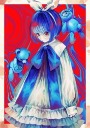 Rule 34 | 1girl, blue bow, blue hair, blunt bangs, border, bow, closed mouth, collared dress, commentary request, distortion, dress, expressionless, frilled dress, frills, hair bow, hairband, highres, huge bow, long sleeves, looking at viewer, mo sakana, original, red eyes, ribbon, short hair, solo, standing, stuffed animal, stuffed toy, teddy bear, unnamed girl (x0o0x), white dress, white hairband, white ribbon