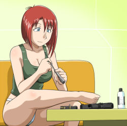 Rule 34 | 00s, 1girl, bare shoulders, barefoot, blue eyes, breasts, cleaning, cleaning weapon, cleavage, feet, forte stollen, galaxy angel, gun, handgun, indoors, large breasts, panties, pistol, red hair, short hair, sitting, smile, solo, toes, underwear, weapon