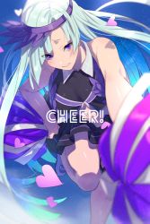 Rule 34 | 1girl, aqua hair, bare shoulders, black shirt, black skirt, blush, breasts, brynhildr (cheer for master) (fate), brynhildr (fate), cap, cheering, cheerleader, collared shirt, commentary request, echo (circa), english text, eyes visible through hair, fate/grand order, fate/prototype, fate/prototype: fragments of blue and silver, fate (series), hat, heart, leg up, long hair, looking at viewer, medium breasts, midriff, miniskirt, navel, official alternate costume, parted lips, pleated skirt, pom pom (cheerleading), purple eyes, purple hat, shirt, shoes, skirt, sleeveless, sleeveless shirt, sneakers, solo, standing, standing on one leg, teeth, twitter username, very long hair, visor cap