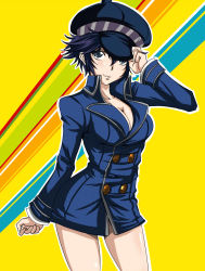 Rule 34 | 1girl, atlus, blue eyes, blue hair, bottomless, breasts, cabbie hat, cleavage, female focus, hat, large breasts, matching hair/eyes, persona, persona 4, shirogane naoto, short hair, smile, solo, suta furachina