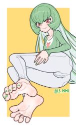 Rule 34 | 1girl, barefoot, creatures (company), feet, game freak, gardevoir, gen 3 pokemon, green hair, hand on own thigh, highres, long hair, looking at viewer, nintendo, pants, personification, pokemon, red eyes, smile, soles, toes, tsukimaru (ls 99ml)