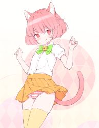 Rule 34 | +++ (artist), 1boy, :q, androgynous, animal ears, bell, blush, bow, bulge, cat boy, cat ears, cat tail, crossdressing, highres, jingle bell, male focus, original, panties, panty peek, pink hair, pleated skirt, red eyes, shirt, short hair, skirt, solo, standing, striped clothes, striped panties, tail, thighhighs, tongue, tongue out, trap, underwear, white shirt, yellow thighhighs