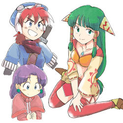 Rule 34 | 1boy, 2girls, blue eyes, breasts, closed mouth, dress, feena (grandia), full body, grandia, grandia i, green eyes, green hair, hair ornament, hair tubes, hat, jewelry, justin (grandia), long hair, looking at viewer, low-tied long hair, medium breasts, midriff, multiple girls, necklace, purple hair, puui (grandia), simple background, small breasts, smile, sue (grandia), sword, thighhighs, tsubobot, weapon, white background, wide sleeves