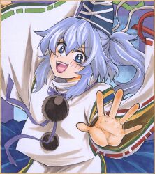 Rule 34 | 1girl, :d, absurdres, blue bow, blue eyes, blush, bow, commentary request, detached sleeves, eyes visible through hair, grey hair, hair between eyes, hat, highres, long hair, long sleeves, looking at viewer, matsuri kyuuta, medium bangs, mononobe no futo, open mouth, palms, pom pom (clothes), ponytail, ribbon-trimmed sleeves, ribbon trim, shikishi, smile, solo, tate eboshi, teeth, touhou, traditional media, upper body, upper teeth only, v-shaped eyebrows, white sleeves, wide sleeves