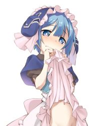 Rule 34 | 1boy, bad id, bad twitter id, blue eyes, blue hair, blush, clothes lift, crossdressing, dress, dress lift, embarrassed, frilled dress, frills, groin, half-closed eyes, happy turn2, made in abyss, maid, maid headdress, male focus, maruruk, navel, out-of-frame censoring, short hair, simple background, stomach, trap, wavy mouth, white background