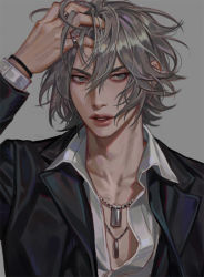 Rule 34 | 1boy, arm up, bare pectorals, bishounen, bracelet, collarbone, dog tags, eyelashes, gokudera hayato, green eyes, grey background, grey hair, hair between eyes, hand in own hair, jewelry, katekyo hitman reborn!, male focus, necklace, parted lips, pectorals, pinky ring, ring, simple background, solo, teeth, upper body, zero q 0q