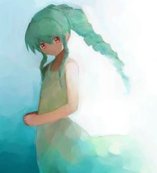 Rule 34 | 00s, 1girl, aqua hair, bad id, bad pixiv id, dress, drill hair, expressionless, flat chest, galaxy angel, gradient background, hair between eyes, long hair, looking at viewer, looking back, nyama, own hands together, profile, red eyes, sidelocks, solo, standing, sundress, vanilla h