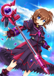Rule 34 | 1girl, artist name, black dress, blue eyes, blush, brown gloves, brown hair, dated, dress, fingerless gloves, gloves, highres, looking at viewer, luciferion, lyrical nanoha, magical girl, mahou shoujo lyrical nanoha innocent, open mouth, san-pon, shiny skin, short hair, sky, solo, staff, stern the destructor
