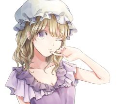 Rule 34 | 1girl, alternate costume, blonde hair, closed mouth, dress, hair between eyes, hat, looking at viewer, maribel hearn, mob cap, one eye closed, poteimo (poteimo622), purple dress, purple eyes, simple background, smile, solo, touhou, upper body, white background