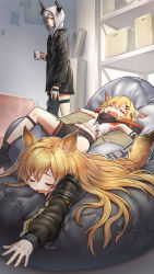 Rule 34 | 3girls, animal ear fluff, animal ears, arknights, armpits, bean bag chair, black footwear, black jacket, blonde hair, box, broken horn, brown hair, ceobe (arknights), closed eyes, cup, dog ears, dog girl, dog tail, drooling, fang, female focus, fox ears, fox girl, grey hair, hair between eyes, hair ornament, hairclip, highres, holding, holding cup, hood, hooded jacket, horns, jacket, jewelry, long hair, looking at another, lounging, lying, material growth, mechanical arms, midriff, mitake eil, multicolored clothes, multicolored jacket, multiple girls, navel, necklace, notched ear, on back, on stomach, open mouth, oripathy lesion (arknights), prosthesis, prosthetic arm, prosthetic leg, red eyes, resting, shelf, shirt, short hair, shorts, signature, single mechanical arm, sleeping, smile, tail, thigh strap, tooth necklace, vermeil (arknights), vulcan (arknights), white shirt