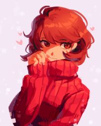 Rule 34 | 1girl, alternate costume, brown eyes, brown hair, closed mouth, commentary, english commentary, hand up, heart, highres, long sleeves, looking to the side, nail polish, persona, persona 3, pink nails, ribbed sweater, short hair, solo, sweater, swept bangs, takeba yukari, trill (trillmunch), turtleneck, turtleneck sweater, twitter username, upper body