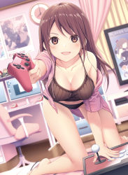 Rule 34 | 1girl, :d, all fours, arcade stick, bare legs, bare shoulders, barefoot, black panties, blush, breasts, brown eyes, brown hair, brown shirt, camisole, chair, cleavage, clock, collarbone, computer, controller, curtains, dengeki moeou, desk, drawstring, dutch angle, game controller, highres, holding, holding controller, indoors, jacket, joystick, large breasts, long hair, long sleeves, looking at viewer, no pants, off shoulder, office chair, open clothes, open jacket, open mouth, panties, pink jacket, playstation controller, poster (object), scan, shirt, sidelocks, sleeveless, sleeveless shirt, smile, solo, speaker, swivel chair, television, thighs, underwear, yoshino ryou