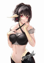 Rule 34 | 1girl, aura (wild arms), bare shoulders, black hair, commentary, criss-cross halter, final fantasy, final fantasy xiv, halterneck, highres, horns, looking at viewer, maoyao-ll, midriff, navel, parted lips, red eyes, short hair, simple background, solo, stomach, upper body, warrior of light (ff14), white background