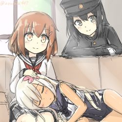 Rule 34 | 10s, 3girls, akitsu maru (kancolle), ascot, azuhira, black eyes, black hair, blush, buttons, closed eyes, closed mouth, couch, eyebrows, flower, hair flower, hair ornament, hairclip, hand on another&#039;s head, hat, ikazuchi (kancolle), indoors, kantai collection, lap pillow, long hair, long sleeves, looking at another, multiple girls, neckerchief, orange eyes, orange hair, peaked cap, ro-500 (kancolle), school swimsuit, school uniform, serafuku, short hair, sitting, sketch, sleeping, sleeveless, smile, swimsuit, tan, twitter username, white hair, window