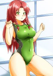 Rule 34 | 1girl, absurdres, adjusting clothes, adjusting swimsuit, braid, breasts, competition swimsuit, d-m (dii emu), green eyes, green one-piece swimsuit, highres, hong meiling, long hair, no headwear, no headwear, one-piece swimsuit, open mouth, red hair, rei no pool, smile, solo, squatting, swimsuit, touhou, twin braids