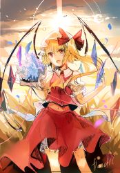 Rule 34 | 1girl, ascot, blonde hair, bloomers, bouquet, character name, cloud, colorized, crystal, fang, flandre scarlet, flower, hat, hat ribbon, kirero, looking at viewer, midriff, mob cap, navel, petals, ponytail, puffy sleeves, red eyes, ribbon, shirt, short hair, short sleeves, side ponytail, sketch, skirt, skirt set, sky, smile, solo, string, sun, sunlight, touhou, underwear, vest, white shirt, wings
