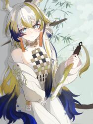 Rule 34 | 1girl, arknights, arm between legs, bare shoulders, blonde hair, blue eyes, blue hair, blush, closed mouth, cowboy shot, dragon girl, dragon horns, dragon tail, dutch angle, earrings, grey hair, hair between eyes, hair intakes, highres, holding, holding sword, holding weapon, horns, jacket, jewelry, lai yifen zhayushutiao, long hair, long sleeves, looking at viewer, multicolored hair, necklace, off shoulder, open clothes, open jacket, pants, pointy ears, red pupils, rice (plant), shirt, shu (arknights), sidelocks, smile, solo, strapless, strapless shirt, streaked hair, sword, tail, tassel, tassel earrings, very long hair, weapon, white jacket, white pants, white shirt