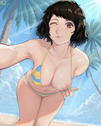 Rule 34 | 1girl, absurdres, bare shoulders, beach, bikini, bikini pull, black hair, blue bikini, breasts, brown eyes, cleavage, closed mouth, clothes pull, collarbone, day, halterneck, highres, kawakami sadayo, large breasts, leaning forward, legs together, magdalenus27, messy hair, navel, nipples, ocean, one eye closed, outdoors, palm tree, persona, persona 5, pulling own clothes, reaching, reaching towards viewer, selfie, short hair, signature, sky, striped bikini, striped clothes, swimsuit, tree, yellow bikini